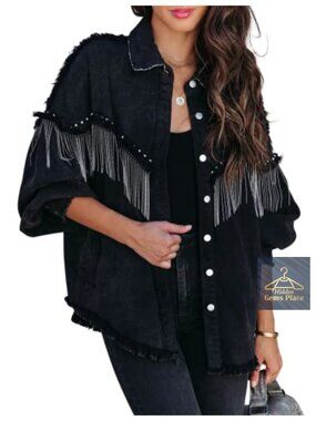 Oversized Fringe Denim Jacket Sparkly Tassel Western Coat